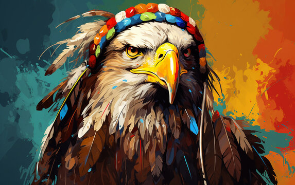 águia americana usando cocar nativo americano, penas, marcas tribais nativas americanas