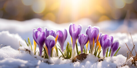 Panoramic view on crocus blooming in the snow, Beautiful spring flowers crocuses spring break out from under the snow, Purple crocus flowers in snow warm gold rays of sunlight, generative AI