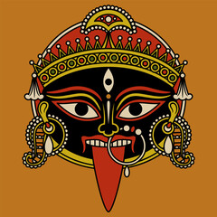 Head of goddess Kali. Hindu mask. Ethnic design. Indian female deity of destruction. On orange background.