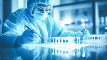 Scientific medical, chemical or biological laboratory, medical worker, in mask clothing, conducts a nanomaterial test