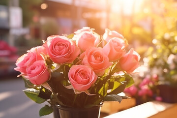 Obraz premium Roses in pots on the terrace of flower shop.