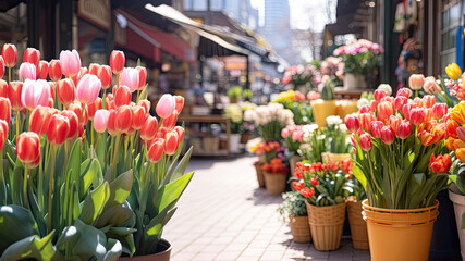 Tulips in pots on the terrace of  flower shop.