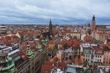 Fototapeta na wymiar Panoramic view to Wroclaw from Penitents Bridge of St. Mary Magdalene's Church, Wroclaw, Poland