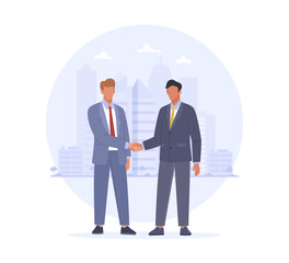 Two male character in suits shaking hands on the city background. Business concept of concluding contract, partnership, teamwork