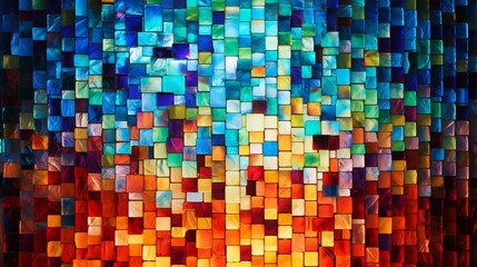 A mosaic wall made of colorful glass tiles, reflecting light beautifully.