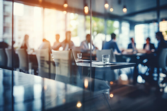 Blurred Group of business people having a meeting or brainstorming in a boardroom, glass partitions