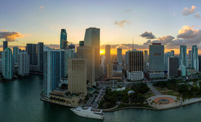 View from above of high skyscraper buildings in downtown district of Miami Brickell in Florida, USA...