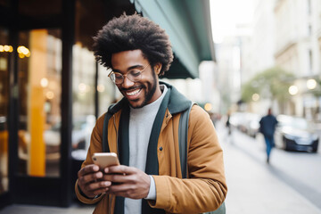 Young handsome man using smartphone in a city. Smiling student looking at mobile phone. Modern lifestyle, connection, business concept. Created using AI tools