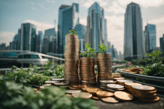 coins and plants on a table with a city skyline in the background