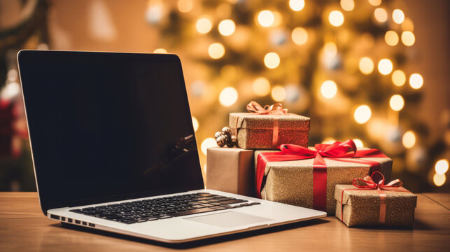 Christmas holiday shopping concept with blank laptop computer screen