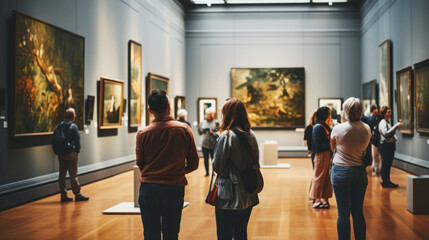 Visitors viewing art on walls in museum or art gallery - obrazy, fototapety, plakaty