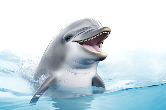 happy smiling dolphin in the blue ocean water on white background