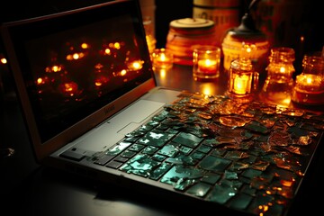 Damaged laptop with shattered screen among candles, concept of data loss or cyber security