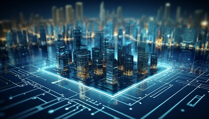Fototapeta na wymiar Smart city on circuit board background, Futuristic city with electronic circuit on blue background 3D rendering