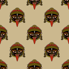 Seamless ethnic pattern with of heads of goddess Kali. Hindu masks. Indian female deity of destruction. On beige background.