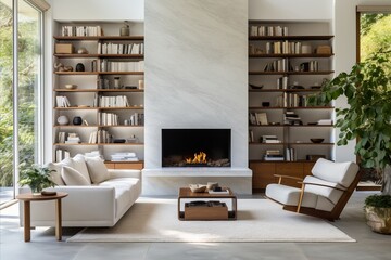 Luxurious and Sophisticated Living Room with Stunning Marble Wall Fireplace and Stylish Bookcase - obrazy, fototapety, plakaty
