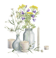 Watercolor tansy and bluebell. Yellow and blue field flower. White stellaria. Bouquet in glass vase composition with candle. Hand drawn illustration isolated on white background. Botanical wildflower