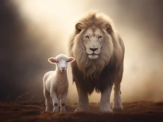 Foto op Plexiglas Lion and lamb standing together, spiritual metaphor of a symbolic couple, association of the opposite, balance of strength and softness, courage and sacrifice, pride and innocence © mozZz