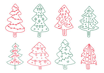 Festive hand drawn Christmas trees with decorations. Vector set Doodle-style illustrations. Suitable for greeting cards, banners, posters.