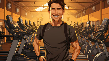 Man doing exercises training at gym. Sporty people working out. Sport, workout, run and fitness. Cartoon illustration - obrazy, fototapety, plakaty