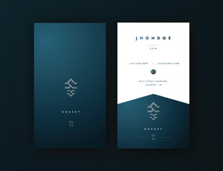 Vertical Business Card Editble Vector Template, luxurious and masculine with dark blue  backgrund and gold text, simple elegant clean