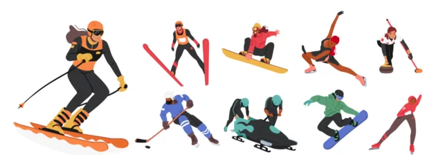 Foto op Canvas Set Of Athlete Characters In Winter Sports Activities Like Skiing, Snowboarding, Ice Skating, And Hockey, Bobsleigh © Hanna Syvak