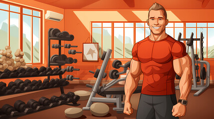 Man doing exercises training at gym. Sporty people working out. Sport, workout, run and fitness. Cartoon illustration