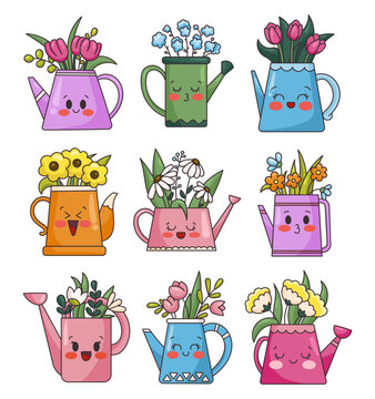 Spring flowers in the funny watering can. Cute springtime. Garden kawaii characters. Hand drawn style. Vector drawing. Collection of design elements.