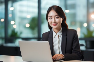 Happy young Korean business woman entrepreneur in office using laptop at work, smiling professional Korea female company executive wearing suit working on computer at workplace. generative AI