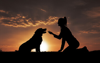 adestrador de cães treinando cão em pôr do sol inspirador 