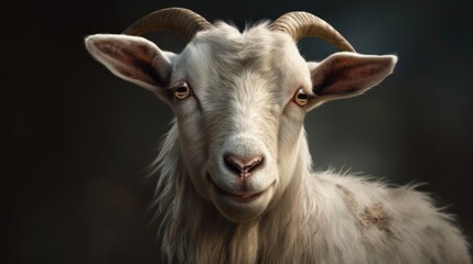 Portrait of a white goat with horns on a dark background. Village. Farm Animal Concept.