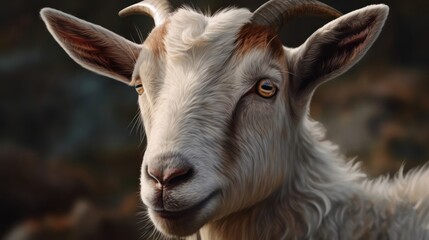 Portrait of a white goat with horns on a dark background. Village. Farm Animal Concept.