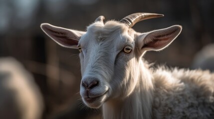 Close-up portrait of a white goat on a sunny day. Village. Farm Animal Concept.