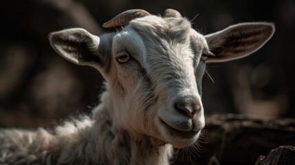 Portrait of a white goat on a farm, close-up. Village. Farm Animal Concept.
