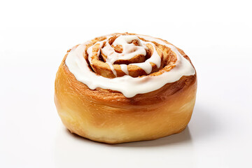 Cinnamon bun with icing isolated on white background.