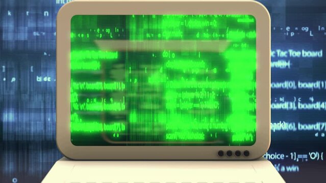 Retro PC Screen 3D Video Animation of Programming Code and Software Hack Concept