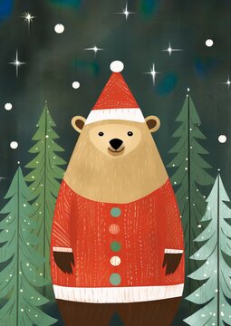 Delightful Children's Christmas card illustration featuring an adorable bea