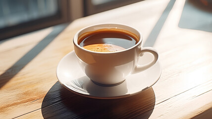 Cup of coffee atanding on the  table in sunlight
