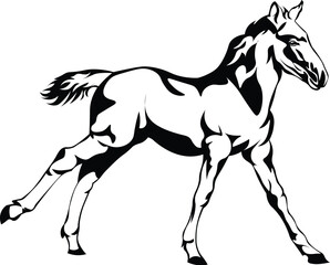 Cartoon Black and White Isolated Illustration Vector Of A Stallion Horse Running
