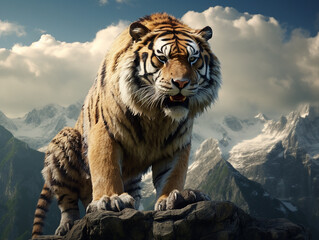 tigre majestoso em alto da montanha  - obrazy, fototapety, plakaty
