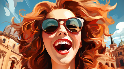 A young laughing woman with beautiful smile, gentle and happy life. Healthy. Cartoon illustration.