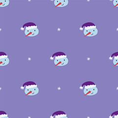 Cute snowman and snowflakes seamless pattern. Christmas and New Year concept. Hand drawn lilac vector texture for wallpaper, prints, wrapping, textile