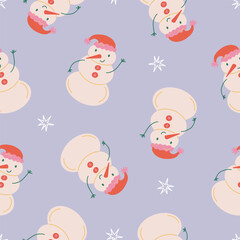 Cute snowman and stars seamless pattern. Christmas and New Year concept. Hand drawn retro vintage vector texture for wallpaper, prints, wrapping, textile