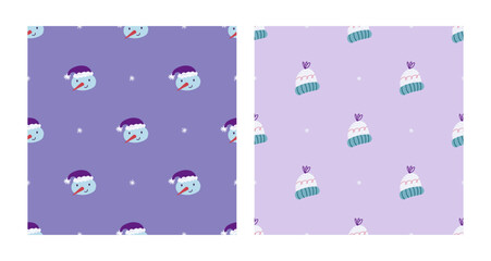 Cute snowman, knitted hat seamless pattern set. Christmas and New Year concept. Hand drawn lilac trendy vector texture for wallpaper, prints, wrapping, textile