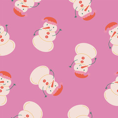 Cute snowman seamless pattern on pink background. Christmas and New Year concept. Hand drawn retro vintage vector texture for wallpaper, prints, wrapping, textile