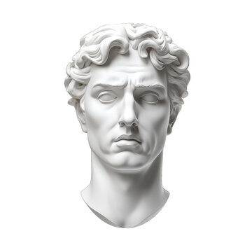 Bust, white plaster statue head isolated on transparent and white background. PNG transparent