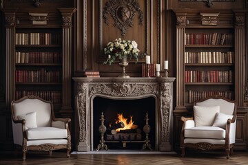 Luxurious and Sophisticated Living Room with Stunning Marble Wall Fireplace and Stylish Bookcase