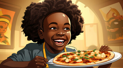 Cute little boy eats delicious juicy pizza on a sunny day illustration.