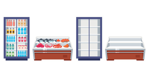 Food grocery product refrigerator empty and full concept. Vector cartoon graphic design element illustration