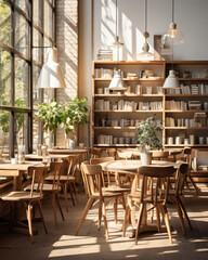 Third place style. cafe in bookstore. Hobby , learning and creative concept. room with large windows, tables , chairs and shelves with books.